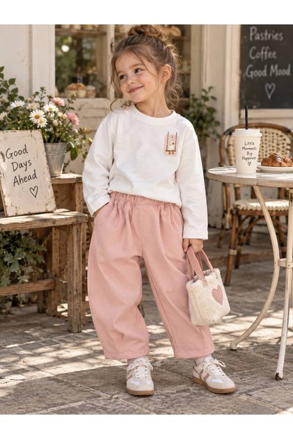 Girls' 2-Piece Set: Duck Print Long Sleeve Sweatshirt and Powder Pink Wide-Leg Gabardine Pants