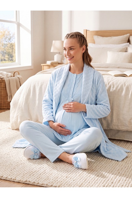 New Season Blue Jacquard Shawl Collar Winter Breastfeeding Compatible Design Lace Long Sleeve Maternity Pajama Set