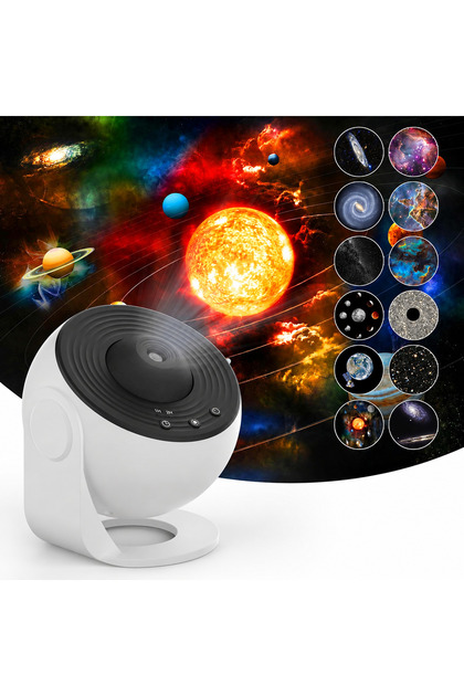 Proiector Stele și Galaxii 3D HD, 12 Discuri Tematice, Rotație 360, Unghi Reglabil, USB, Alb