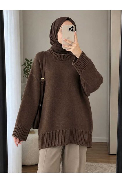 Women's Knitwear Brown Sweater Oversize Tunic Crew Neck Thick Ribbed Loose Long Sweater Hijab New Season