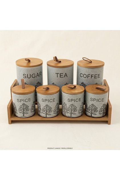 Ceramic Spice Jar Set of 7 Spice Jars with Wooden Rack with the Same Style Stand