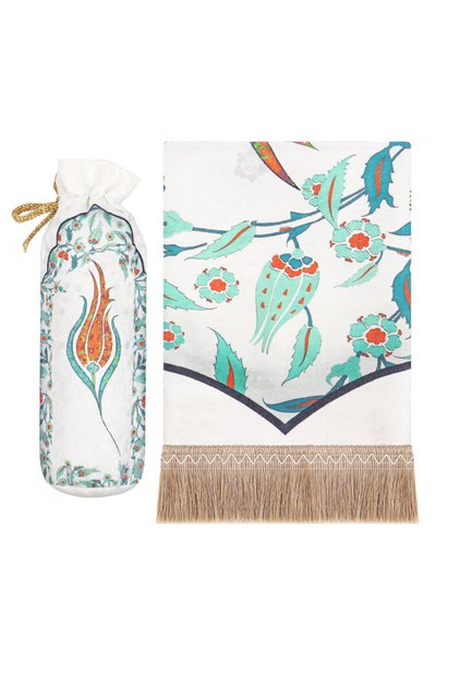 Orange Ottoman Tulip Pattern Velvet Prayer Rug with Pouch