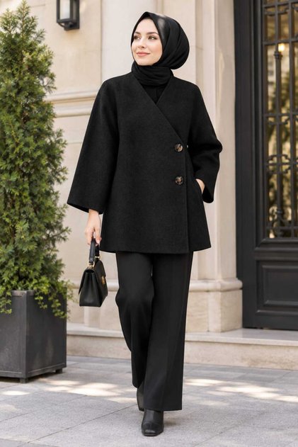 Women's Hijab Black Cashmere Poncho Jacket Buttoned Oversize Winter Stylish Modern Comfortable Fit Coat-Looking Outerwear Tunic