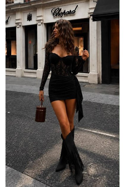 Gögsü Gloplu Lace Detailed Mini Evening Dress