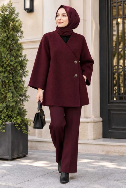 Women's Hijab Burgundy Cashmere Poncho Jacket Buttoned Oversize Winter Stylish Modern Comfortable Fit Coat-Looking Outerwear Tunic