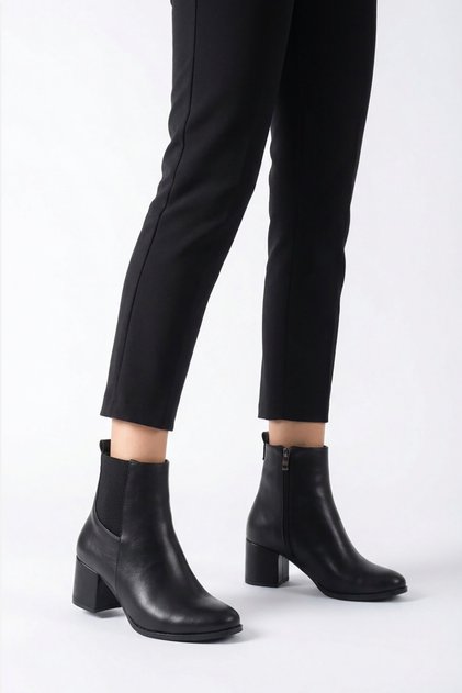Nerman Side Cut Elastic Women's Heeled Boots Black Leather