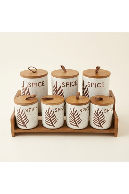 Ceramic Spice Jar Set of 7 Spice Jars with Wooden Rack with the Same Style Stand