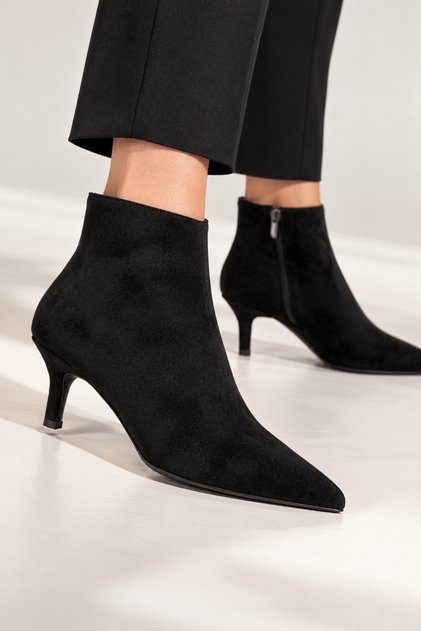 Women's Black Pointed Toe 6.5 cm Kitten Heel Side Zipper Suede Ankle Boots