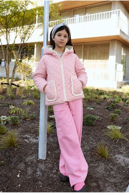 Girl's Pink Polka Dot Quilted Coat – Water-Repellent Outer Fabric, 100% Cotton Muslin Lining, Hooded