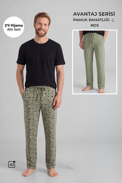 Egyptian Cotton Men's Double Bottom Pajamas Printed Green-Green
