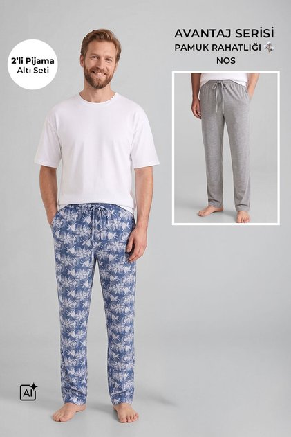 Egyptian Cotton Men's Double Bottom Pajamas Printed Indigo-Grey Melange