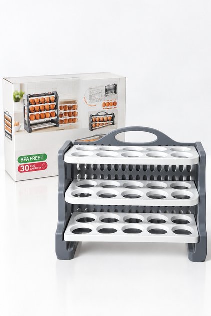 Valnex 3 Katlı Yumurta Saklama ve Düzenleyici Organizer 30 Yumurta Kapasiteli – Gri Beyaz Modern tasarım