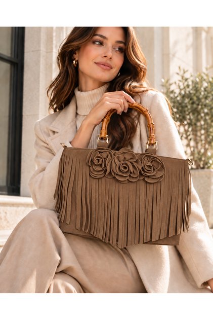 Riva Women's Suede Handbag with Tassels, 3D Flower Detail, Bamboo Handle, Detachable Chain Strap