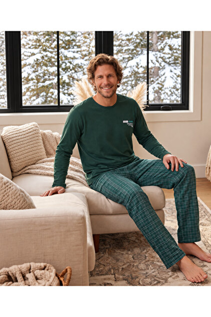 Cotton Soft Touch Şardonlu Green Long Sleeve Men's Pajama Set