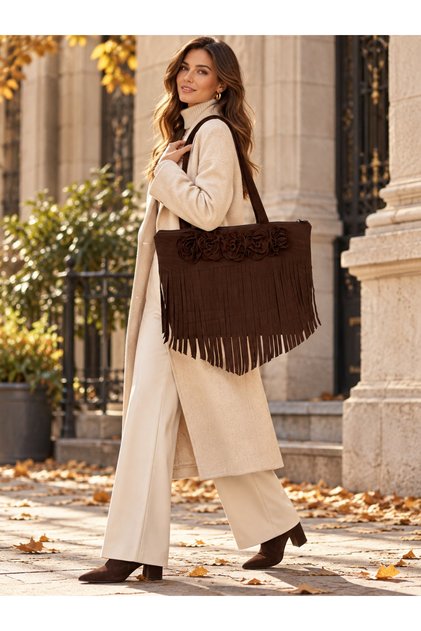 Amara Women's Suede Shoulder Bag Large Size Tote with 3D Flower Detail and Tassel Zipper