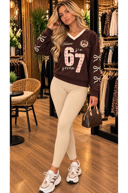 Women's 67 Printed Bow Detailed V-Neck Ribbed Oversize Cotton Sweatshirt