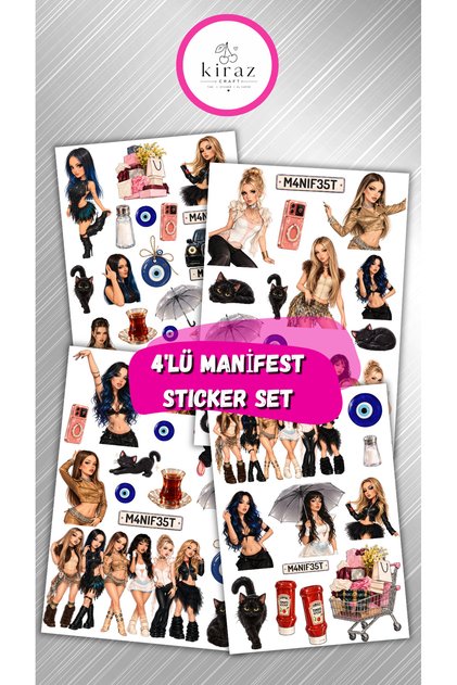 4’lü Manifest Sticker Etiket Seti – Tralala Kızları, Siyah Kedi ve Nazar Boncuğu Temalı Defter & Ajanda Stickerları A6 Boyut