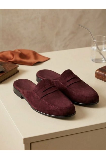 Super Bordo Color Suede Men's Guest House Dowry and Groom Slippers