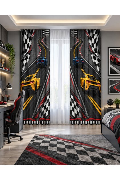 Blue and Yellow Race Car Track Patterned Double Winged Background Curtain
