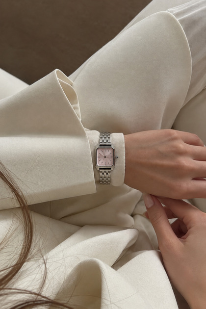 Women's Silver Color Steel Case Pink Dial Rectangular Classic Wristwatch