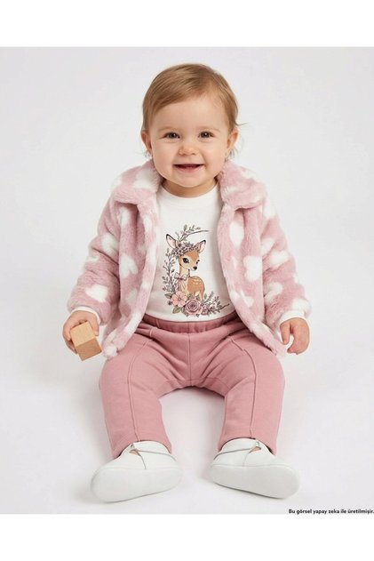 Baby Girl 6-9-12-18-24 Months Stylish Winter Set with Plush Jacket and 3-Piece Threaded Bottoms