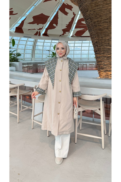 Plaid Detailed Quilted Long Women's Trench Coat
