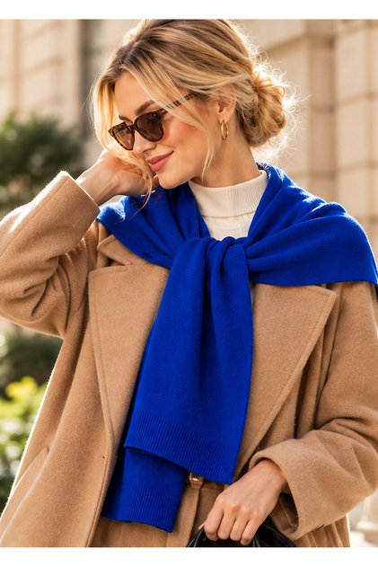 Women's Saks Blue Knitwear Shoulder Shawl Square Scarf Sweater-Look Tied Acrylic Shawl