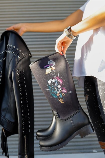 Astronaut Galaxy Patterned Modern Printed Waterproof Women's Rain Boots