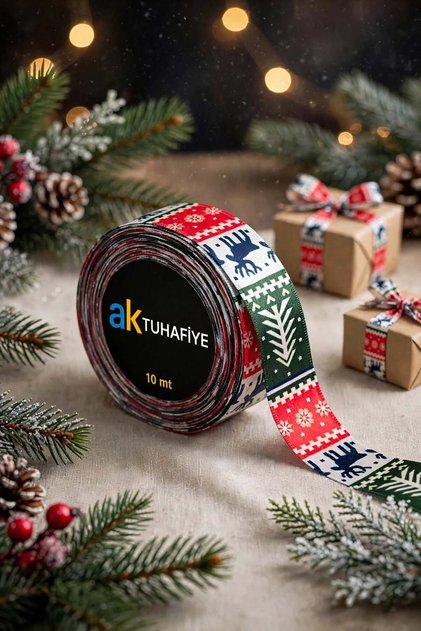 Christmas Colorful Deer and Pine Tree Patterned Satin Ribbon 2 cm Width X 10 Meters - Gift Wrapping and Decoration Ornament