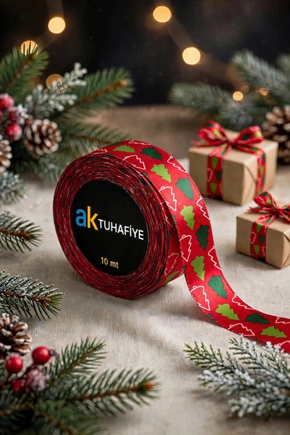 Christmas Colorful Pine Tree Pattern Satin Ribbon 2 cm Width X 10 Meters - Gift Wrapping and Decoration Ornament