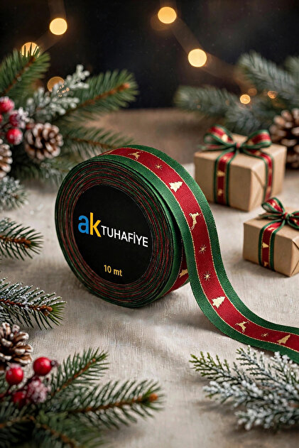 Gold Gilded Premium Woven Deer and Pine Patterned Christmas Ribbon 2.5 cm Width X 10 Meters Christmas Ornament and Decoration Ribbon