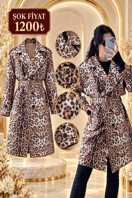 LEOPAR DESENLİ KEMERLİ KABAN