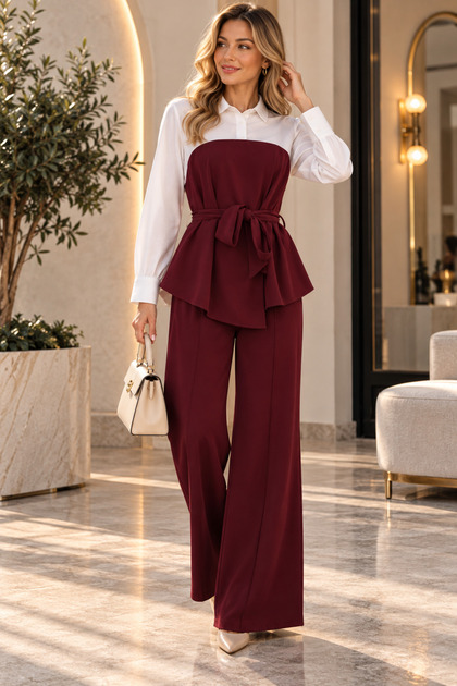 Modern Fusion of Contrasting Textures Women's Long Sleeve Collared Tricotine Detailed Asymmetric Belted Blouse and Slit Pants Imported Crepe Two-Piece Set