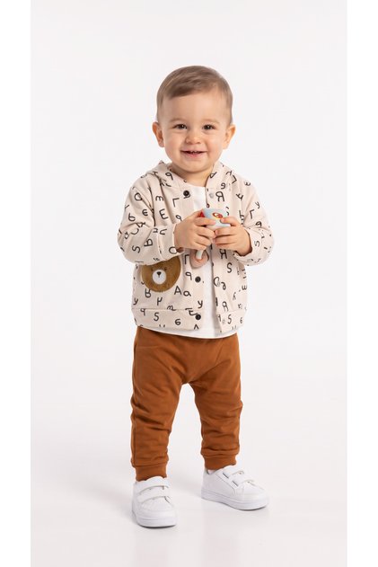 Alphabet Patterned Baby Boy Top and Bottom Set with Teddy Bear, 3-Piece Set