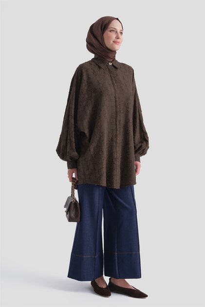 Textured Jacquard Fabric Tunic Brown