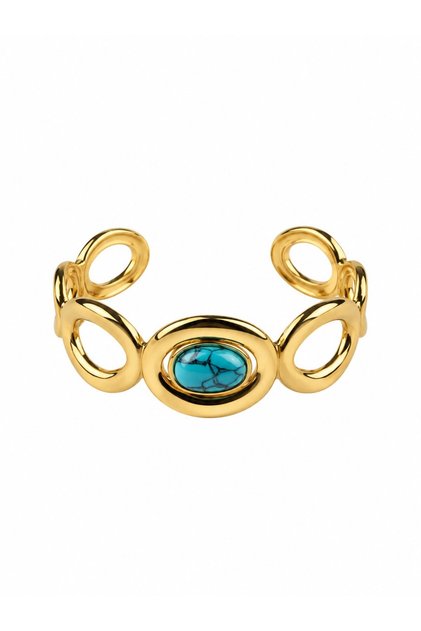 Oval Shaped Turquoise Stone Detailed Adjustable Gold Steel Cuff Bracelet