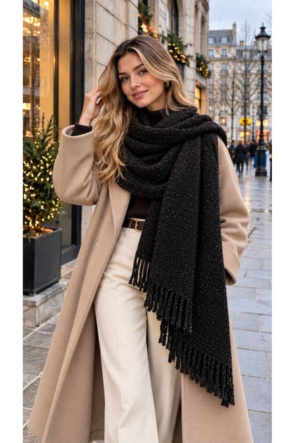 Black Shiny Glittery Tasseled Puff Thick Women's Scarf Shawl 45X180 cm