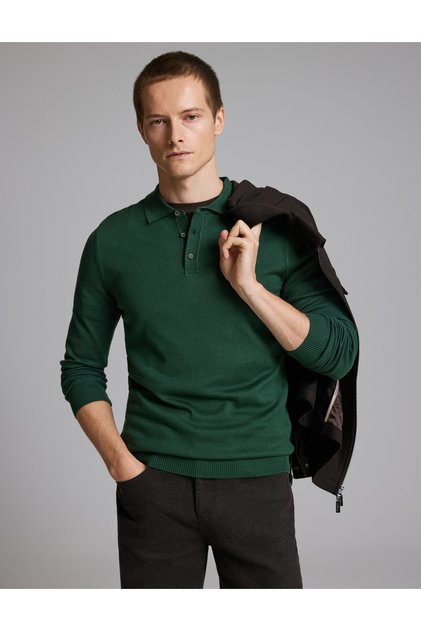 Dark Green Slim Fit Buttoned Polo Collar Basic Knitwear Sweater 50333894-Vr079