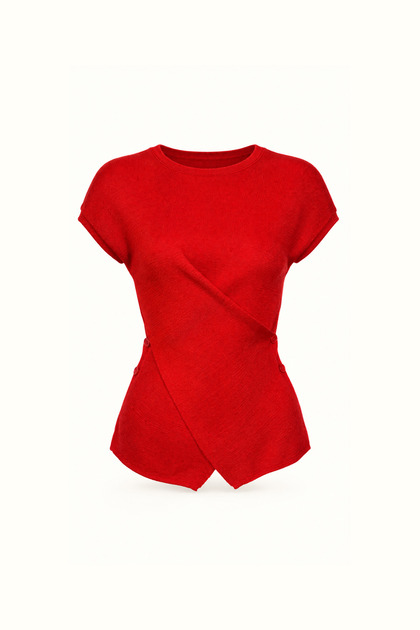 Button Detail Asymmetrical Red Knitwear Blouse