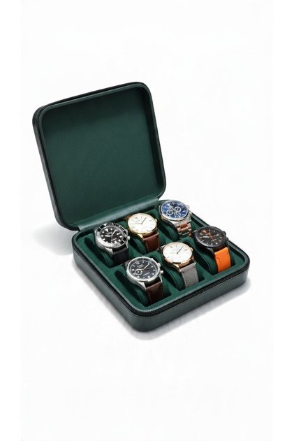 Wooden Case 6-Piece Watch Box | 20×20×7 cm | Velvet Interior, Zippered Watch Storage Box Khaki
