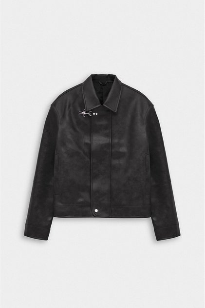 Crop Fit Aksesuarlı Siyah Deri Ceket