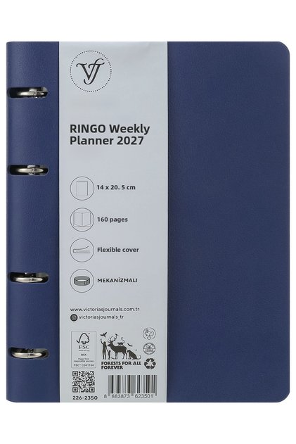 Ringo 2027 Weekly Agenda A5. Vegan Leather Flexible Cover Ivory 80Gr. Changeable Inside Color - Navy Blue