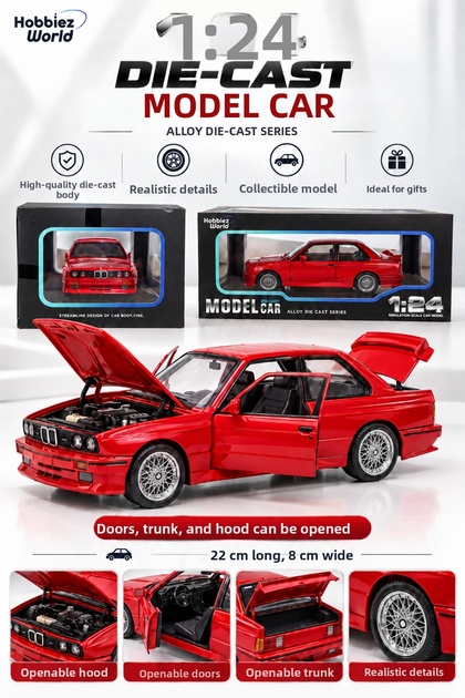 Bmw E30 M3 1:24 Scale Metal Model Car 22 cm Openable Door Hood and Trunk Red