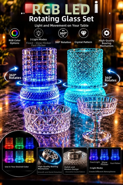 Premium Set of 2 Rotating Glasses and Crystal Bowls (Rgp Led +5 Color Changes) in Gift Box