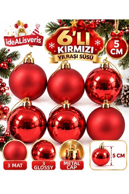 Set of 6 Silver Red Gold Mixed Christmas Tree Ornaments 5 cm – 3 Matte 3 Shiny Gold Color Pine Tree Ornament Balls Set Christmas Tree Ornament