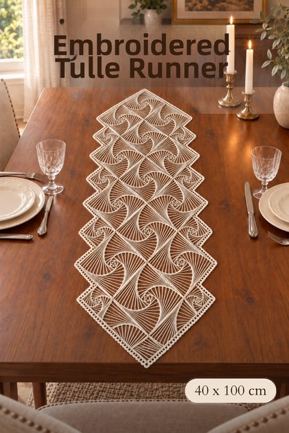 Elegance Tulle Embroidered Tulle Runner Bohemian Dark Ecru 40 X 100