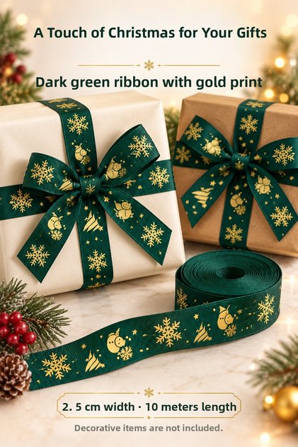 New Year's Gold Printed Dark Green Ribbon 2.5 cm 10 Meters Gift Packaging and Decoration