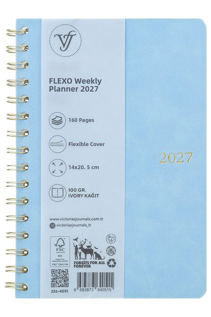 2027 Yearly Weekly Agenda-Spiral Bound A5. Vegan Leather Flexible Cover - Light Blue