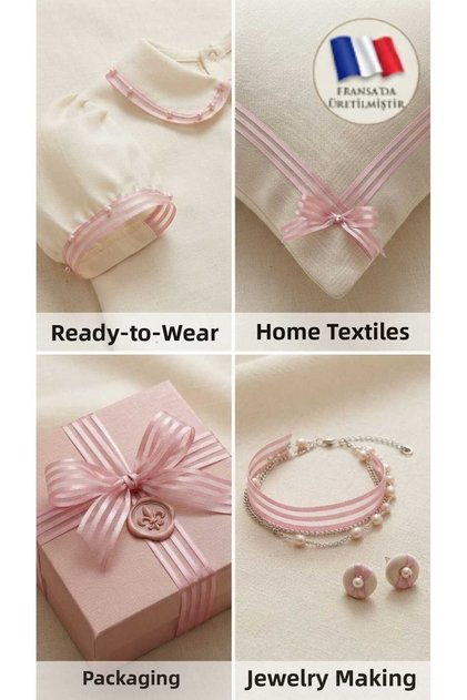 French Organza Satin Line Detailed Hilton Ribbon / Decorative Ribbon - 15mm - 25 Meters