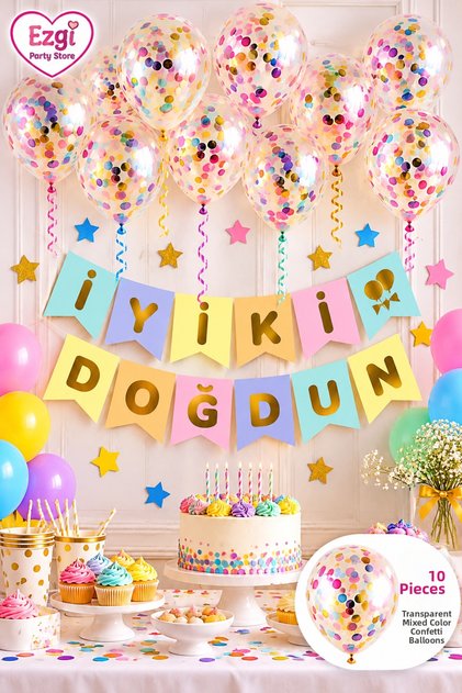 Pastel Colored Happy Birthday Banner and Transparent Confetti Balloon Set Birthday Celebration Party Set and Party Concept Decorations